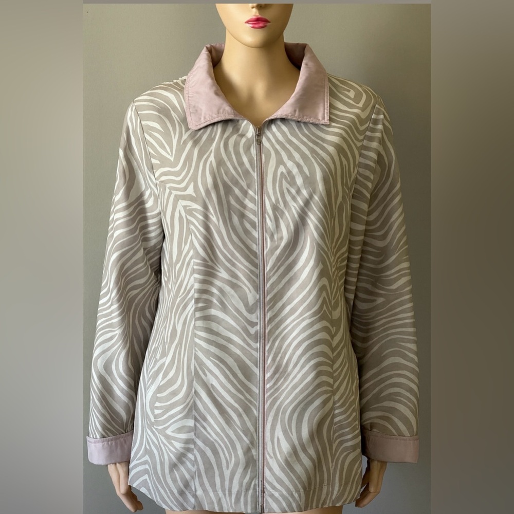 QVC Dennis Basso Women’s Water Resistant Jacket 2X Beige Stripe Pink Hood Cuffs